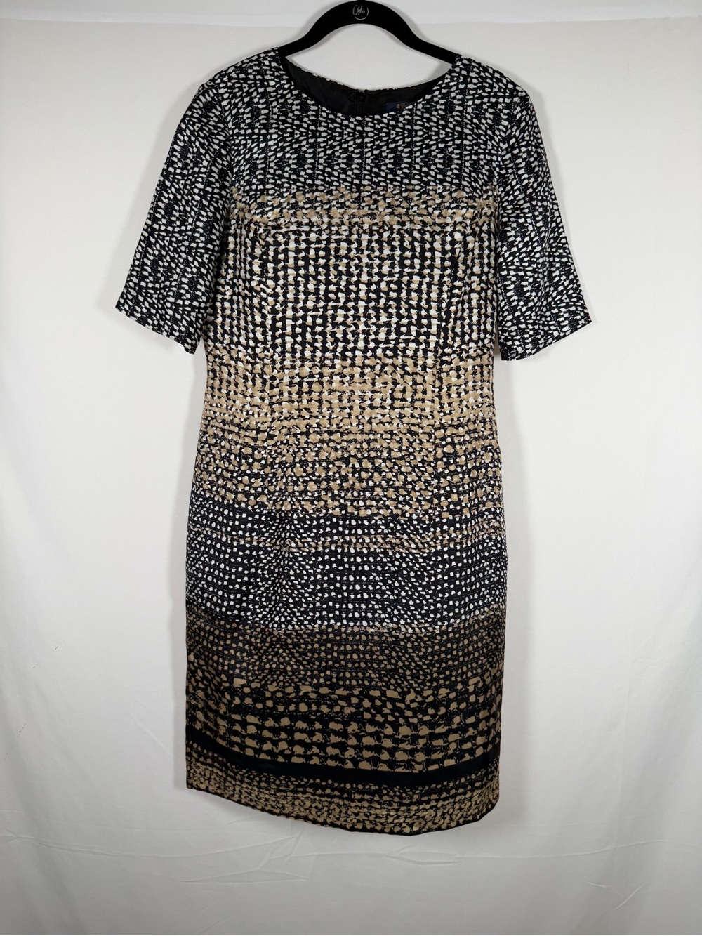 Brooks Brothers Italian Silk Black and Tan Patterned‎ Midi Shift Dress